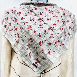 New W/Tag Burberry  Miniscarf/handker 19"Cotton Silk SilverGraycheckRed Flora(73